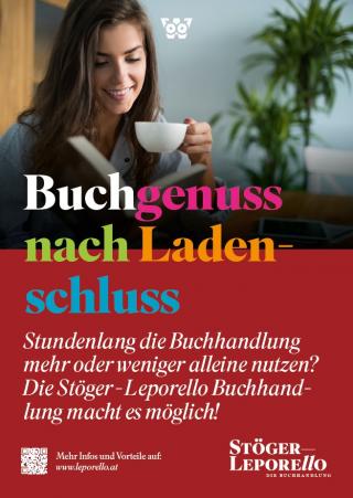 Frau liest in einem Buch und hat eine Tasse in der Hand. Aufmacher Buchgenuss nach Ladenschluss bei Stöger-Leporello.